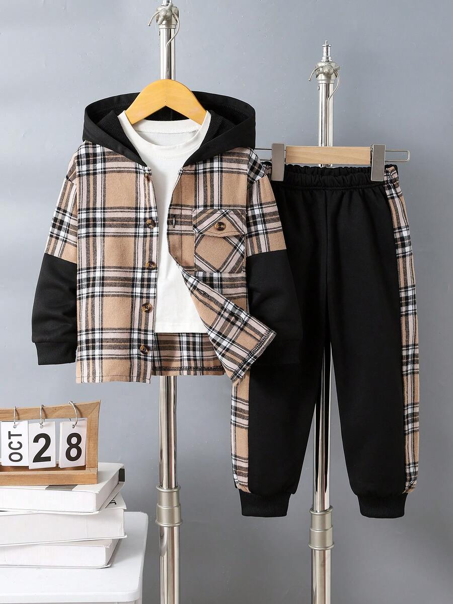2件套幼儿男童休闲时尚格子拼接黑色口袋连帽纽扣开衫外套和裤子套装 - 彩色 - 查看 1