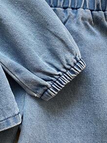 Vintaside Kids Bộ đồ denim cổ điển cho bé gái áo chui đầu tay dài màu trơn và quần jeans cạp chun - Rửa trung bình - Xem 10