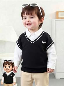 SHEIN 1pc Young BoyKnit Sweatshirt, Cute Dinosaur Embroidery 2 In 1 Classic Casual Pullover For Autumn/Winter - Black and White - View 3