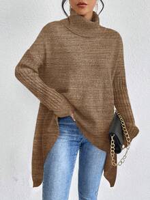 SHEIN LUNE Áo len cổ lọ tay dài màu trơn thường ngày dành cho nữ, Thu/Đông - Màu Khaki - Xem 5