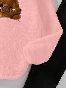 SHEIN Sparklyn Tween Girls Casual All-Match Versatile Cartoon Capybara Embroidered Hooded Loose Fleece Sweatshirt + Leggings Autumn/Winter Set - Baby Pink - View 4