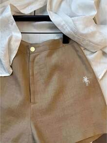 Airaco 女士骑士刺绣阔腿宽松休闲百搭短裤 - 卡其色 - 查看 6