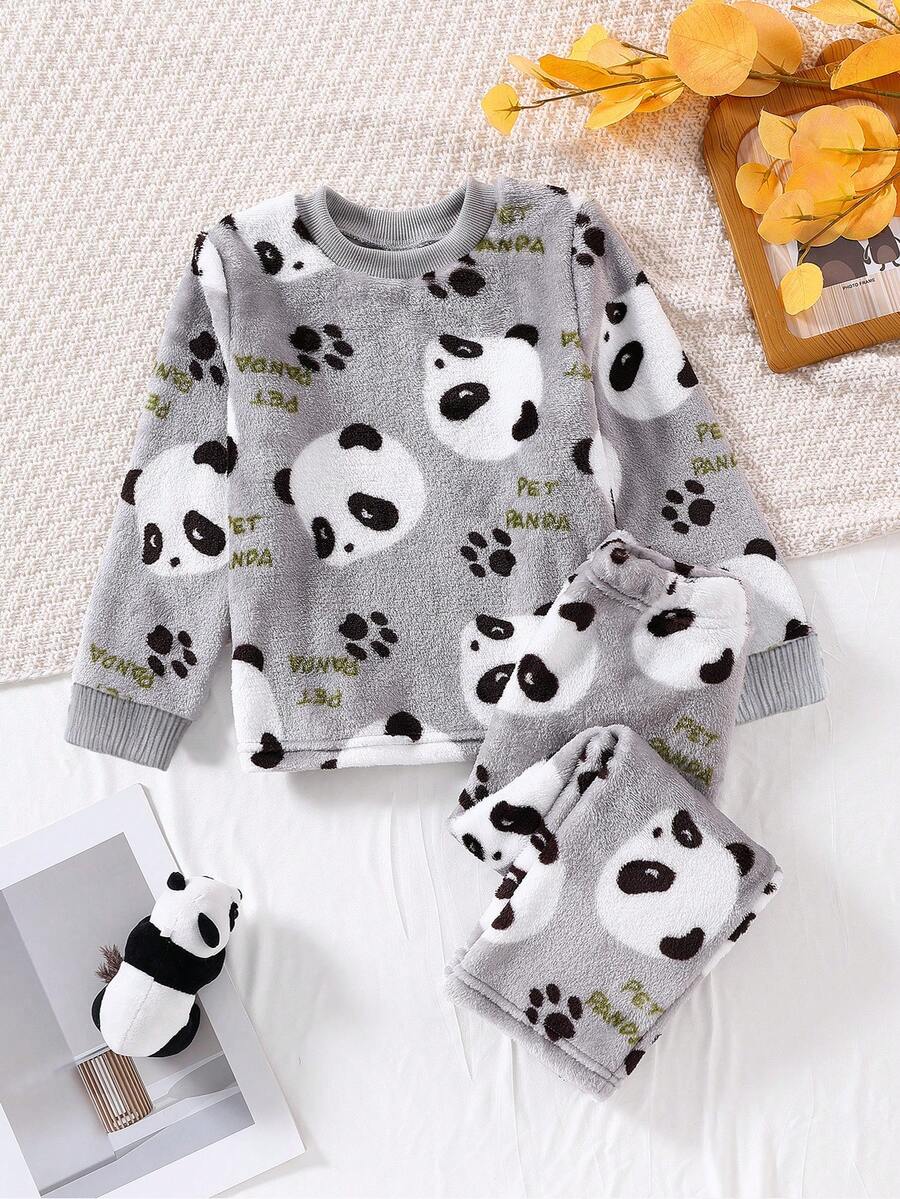2 pièces Ensemble de pyjama à manches longues et pantalon imprimé panda mignon pour tout-petits garçons, automne/hiver - Multicolore - Voir 1