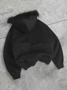 Manfinity EMRG 男士字母印花长袖拉链连帽夹克，带毛领，黑色图案连帽衫，黑白图案拉链连帽衫，泡泡印花连帽衫，短款图案连帽衫，保暖内衬 - 黑色 - 查看 4