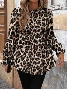 SHEIN LUNE Women's Casual Printed Blouse, Babydoll, Puff Sleeve, Leopard Print, Suitable For Autumn/Winter Everyday Wear,Casual - Multicolor - View 5