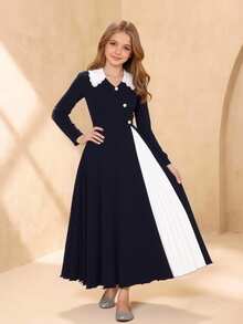 “少女黑白撞色连衣裙 - 复古娃娃领长袖褶皱长裙，适合青少年舞会” - 黑色 - 查看 4