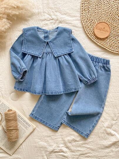Vintaside Kids 女婴纯色套头长袖上衣和松紧腰牛仔裤复古牛仔套装
