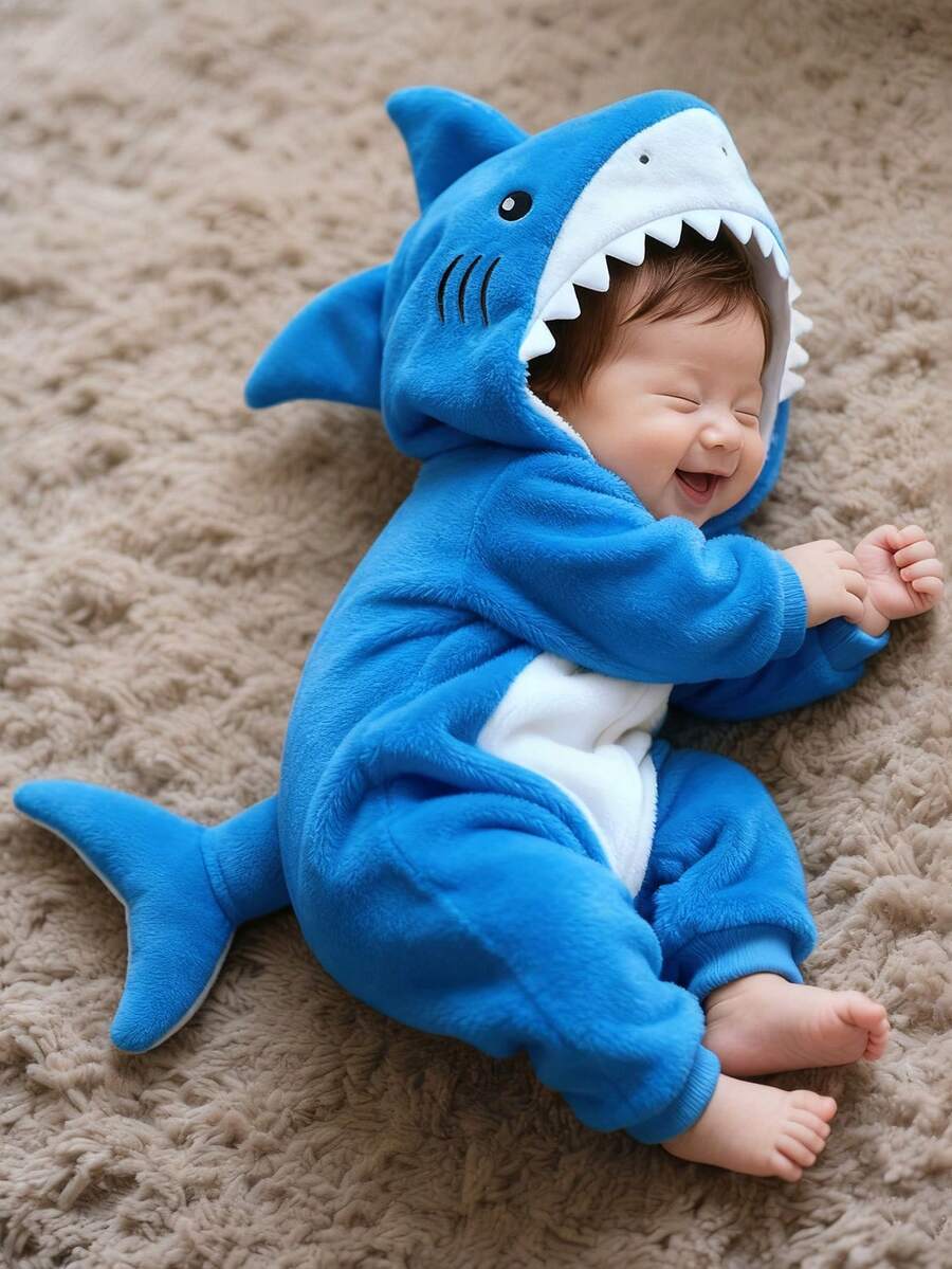 SHEIN Bộ đồ hình cá mập sơ sinh, mũ len 3D hình cá mập nhồi bông dễ thương, áo liền quần dài tay thêu họa tiết cá mập cho bé - Màu xanh lam - Xem 1