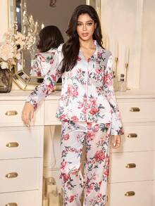 LuxeNights Women's Elegant Floral Print Faux Silk Lapel Top & Pants Pajama Set Home Wear Women Lounge Wear Set, Fall & Winter Clothes - Multicolor - View 4