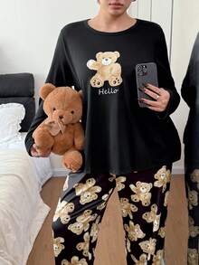 SHEIN 2pcs Plus Size Cute Teddy Bear Print Long Sleeve Pajama Sets , Fall & Winter Clothes - Multicolor - View 3