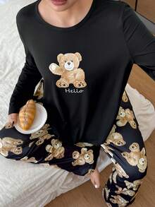 SHEIN 2pcs Plus Size Cute Teddy Bear Print Long Sleeve Pajama Sets , Fall & Winter Clothes - Multicolor - View 6