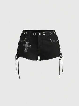 Grunge Punk Short en jean mini taille basse femme style punk avec rivets et clous en croix
