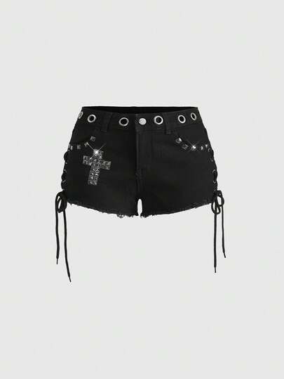 Grunge Punk Shorts di jeans da donna con vita bassa, mini, con borchie e rivetti punk