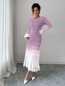 Elenzga Women's Autumn/Winter New Round Neck Ombre Unique Design Ruffle Hem & Cuff Fashionable Elegant Elegant Date Casual Fitted Knit Dress - Purple - View 6