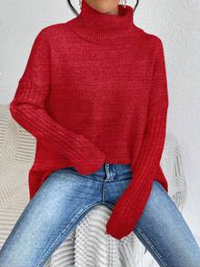 SHEIN LUNE Women's Casual Solid Color Turtleneck Long Sleeve Sweater, Autumn/Winter - Red - View 6