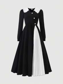 “少女黑白撞色连衣裙 - 复古娃娃领长袖褶皱长裙，适合青少年舞会” - 黑色 - 查看 2