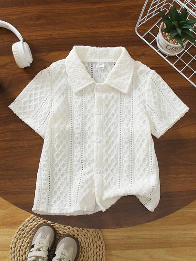 1pc Young Boy Fashionable Casual White Hollow Knit Cardigan, Delicate Geometric Crochet Pattern, Simple Lapel Design, Suitable For Beach, Family Outing, Back To School