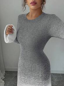 Elenzga 女士秋冬新款圆领渐变色独特设计荷叶边下摆和袖口时尚优雅优雅约会休闲修身针织中长毛衣连衣裙 - 灰色 - 查看 2