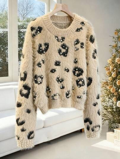Franclia Damtröja med minimalistisk, avslappnad passform och pärldekor, elegant och mångsidig leopardmönstrad fluffig stickad topp, höst/vinter