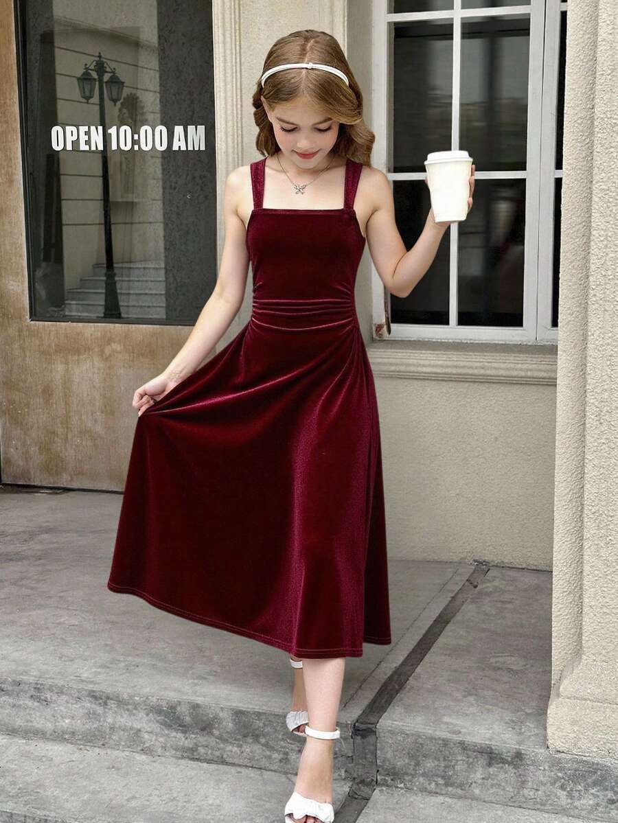 Serisse Kids Váy suông màu đỏ tía cho bé gái tuổi mới lớn, váy midi dài thanh lịch, cổ vuông nhún bèo, váy dạ hội màu đỏ tía, trang phục sinh nhật, năm mới, trang phục dự tiệc, váy đêm giao thừa, tặng quà, váy dự tiệc Valentine, váy ngày lễ, váy thanh lịch, váy dạ hội, váy năm mới, váy giáng sinh - Màu Đỏ Sâu - Xem 1