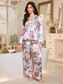 LuxeNights Women's Elegant Floral Print Faux Silk Lapel Top & Pants Pajama Set Home Wear Women Lounge Wear Set, Fall & Winter Clothes - Multicolor - View 6