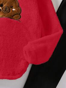 SHEIN Sparklyn Tween Girls Casual All-Match Versatile Cartoon Capybara Embroidered Hooded Loose Fleece Sweatshirt + Leggings 2-Piece Set, Suitable For Home, School, Autumn/Winter - Red - View 5