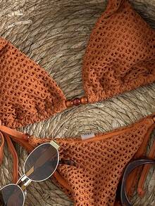 Swim Mod Women's Textured Beaded Halter Bikini Set, Spring/Summer - Brown - View 4