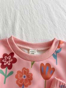 SHEIN 2pcs Baby Girl Cute Sweet Fashion Casual Pink All Over Colorful Floral Flower Plant Print Pattern Long Sleeve Round Neck Sweatshirt Pullover Tops And Elastic Waist Flared Pants Bell Bottoms Leggings Two Pieces Outfit Sets Soft Clothes For Daily Wear School Park Play Spring Fall Autumn Winter - Pink - View 7