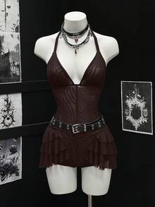 EgrlEra 女士系带性感紧身长袖网纱连体裤 - 棕色 - 查看 1