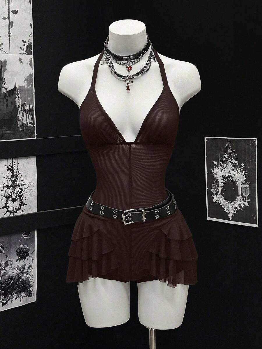 EgrlEra 女士系带性感紧身长袖网纱连体裤 - 棕色 - 查看 1