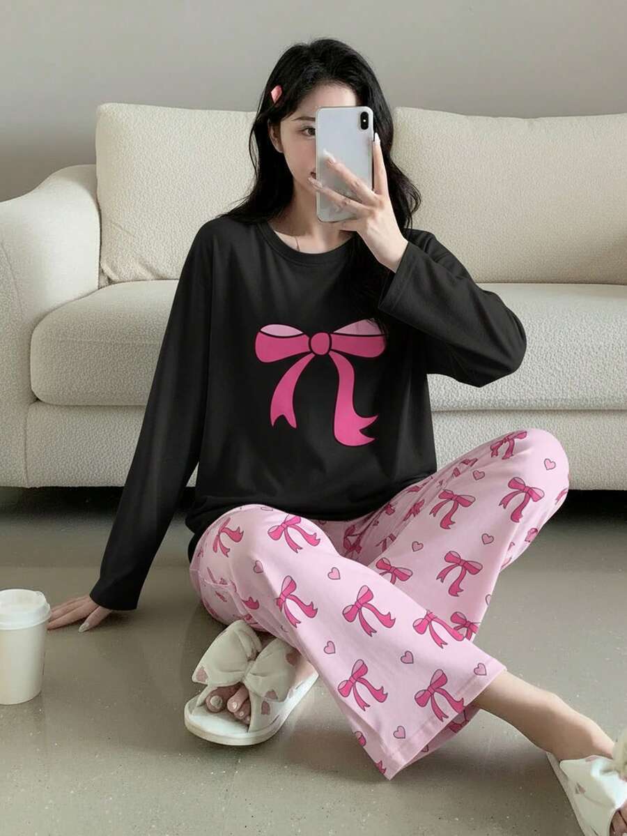 Tween女孩2件組睡衣套裝,黑色圓領針織上衣配蝴蝶結印花,寬鬆愛心與蝴蝶結印花長褲,舒適長袖休閒居家服,溫馨秋冬款服飾,最適合Tween女孩的聖誕禮物,舒適柔軟內衣套裝 - 黑色 - 查看 1