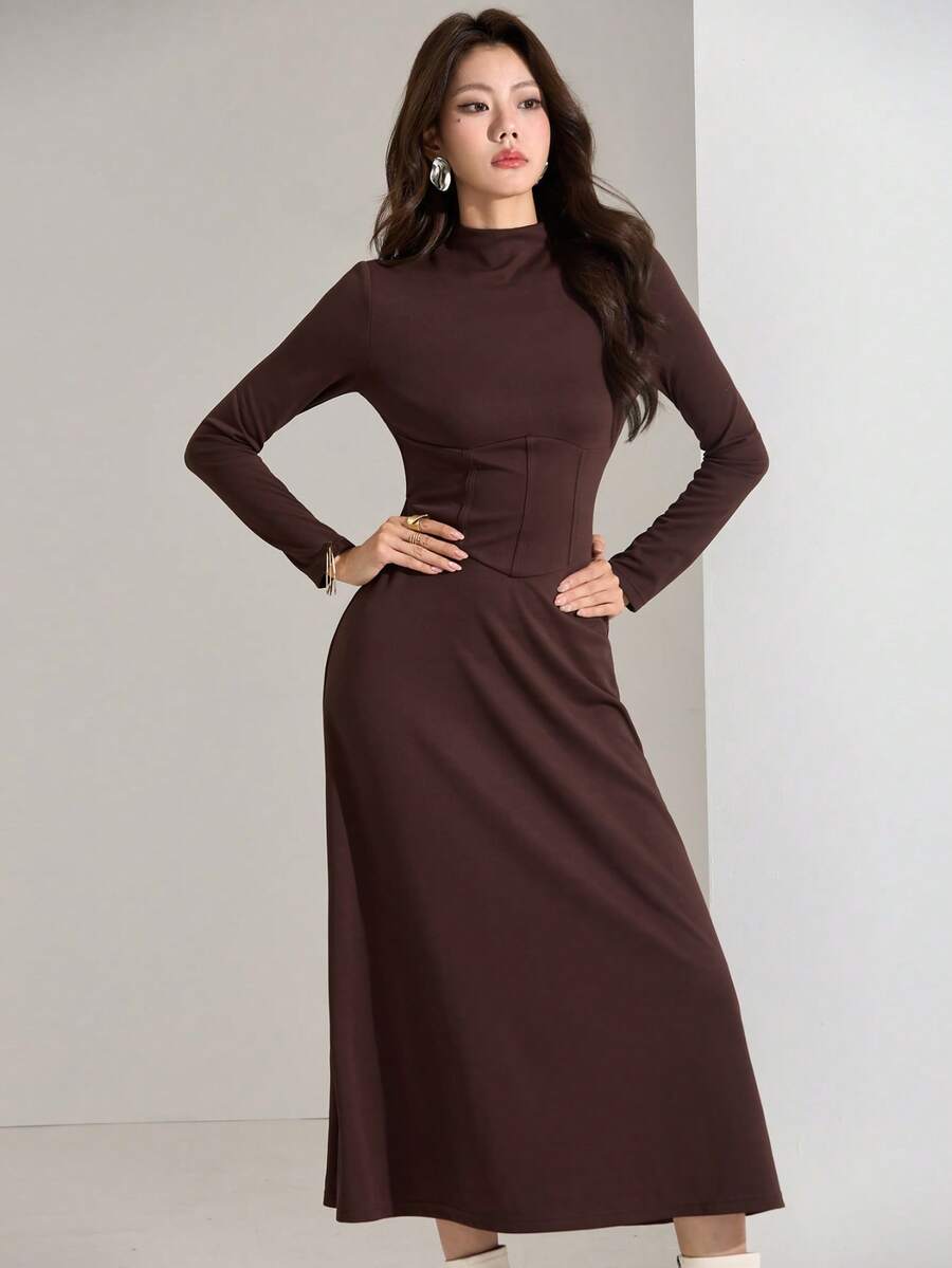 Heiryn Đầm suông cổ đứng tay dài thanh lịch màu trơn dành cho nữ - Cà phê nâu - Xem 1