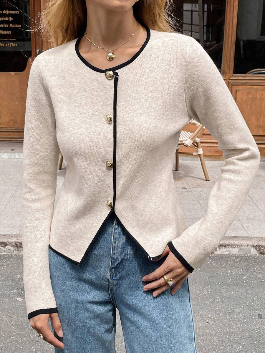 SHEIN Frenchy Áo khoác cardigan dài tay viền bất đối xứng thường ngày cho nữ, đa năng - Đen và trắng - Xem 1