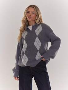 MUSERA Suéter holgado de rugby de punto de argyle, acogedor y casual para usar todos los días en otoño, invierno y primavera - Gris - Ver 1