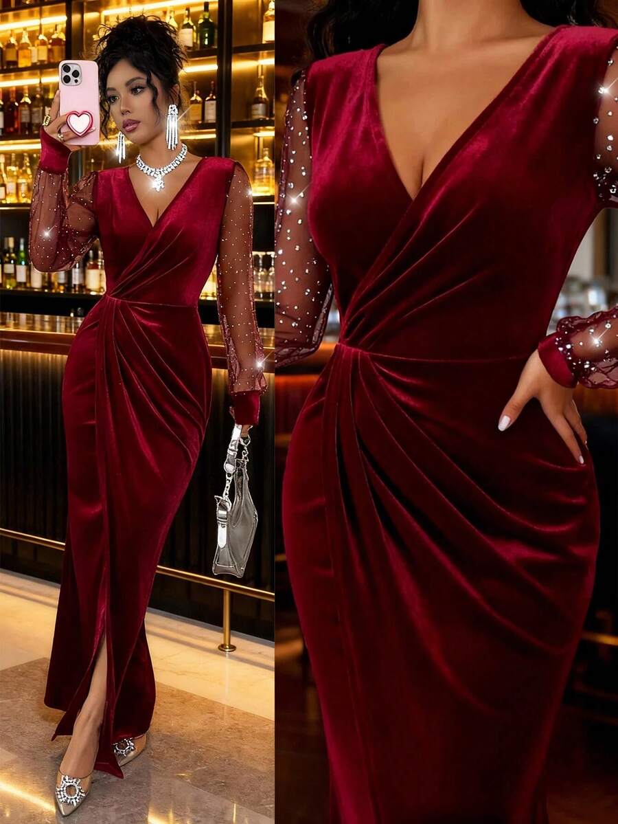 SHEIN Elenzya Vestido largo de manga larga de terciopelo, con parches de malla con lentejuelas, ajustado a la cintura y con línea A, elegante para uso diario, de moda francesa vintage y versátil para Navidad, Año Nuevo, negocios, color burdeos, otoño/invierno - Burdeos - Ver 1