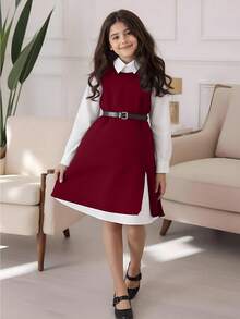 SHEIN 1件少女简约休闲优雅无袖开衩设计常规厚度圆领百搭长款针织衫，日常穿着，春秋季酒红色连衣裙长袖连衣裙女童连衣裙冬季时尚连衣裙纯色连衣裙酒红色连衣裙女童红色连衣裙酒红色连衣裙冬季女童秋冬 - 酒紅色 - 查看 4