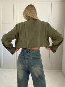 Siren Gaze Damen Kurze Wildleder Knopfjacke - Revers Kragen, Einreihig, Langarm Lässig Oberbekleidung, Frühling, Herbst, Winter - Armeegrün - Übersicht 2