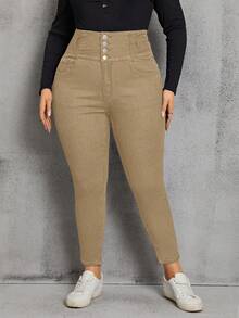 EMERY ROSE Celana Jeans Kasual Skinny Pinggang Tinggi Ukuran Plus Warna Polos - Khaki - View 7