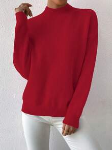 SHEIN LUNE 女士休闲日常通勤简约纯色高领落肩宽松套头毛衣，秋冬款 - Fiery Red - 查看 3