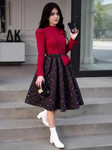 Váy len dệt kim dài tay họa tiết hoa cho bé gái tuổi mới lớn - Đỏ - Xem 3