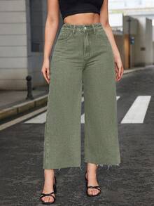 SHEIN ICON Plus Size Women High Waist Wide Leg Personalized Fashion Cropped Jeans - Army Green - View 5
