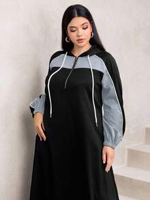 Modelyn Váy dài tay có mũ trùm đầu viền loe màu thời trang thanh lịch cỡ lớn, mùa thu/đông - Màu xanh bụi bặm - Xem 6