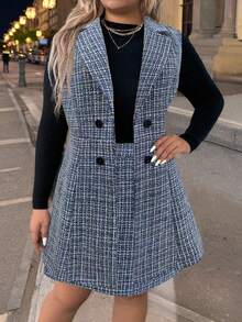 SHEIN LUNE Plus Size Plaid Lapel Double-Breasted Coat And Skirt Set - Blue - View 7