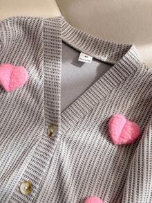 Chaqueta casual minimalista gris con cuello en V, manga larga y decoración de corazón esponjoso, estilo lindo y elegante para niñas jóvenes - Albaricoque - Ver 3