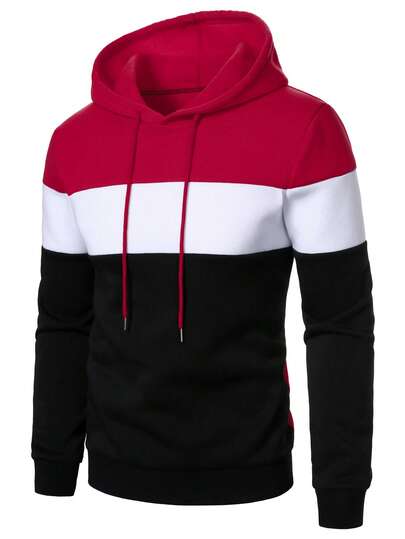 Manfinity Homme بلوفر رجالي بغطاء رأس بألوان متباينة، هوديي كاجوال للرجال، ملابس علوية بأكمام طويلة