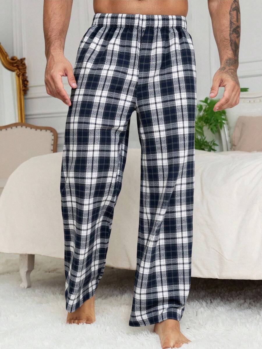 DAZY Men's Blue Plaid Elastic Waist Lounge Pants, Autumn, Winter