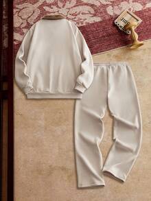 HIMLAND 男士休闲日常通勤百搭撞色抓绒 Polo 领套头衫卫衣搭配抽绳腰带抓绒运动裤套装，秋冬款 - 杏色 - 查看 10