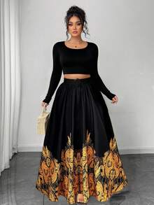 Elenzga Quần và váy cạp cao in họa tiết phong cách Bohemian thời trang thường ngày sang trọng dành cho nữ cỡ lớn, phù hợp cho mùa xuân/hè - Nhiều màu - Xem 5