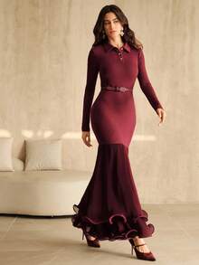 Anewsta 优雅舒适的针织连衣裙，纯色修身包臀连衣裙，褶裥鱼尾下摆，长袖女装 - 酒紅色 - 查看 3