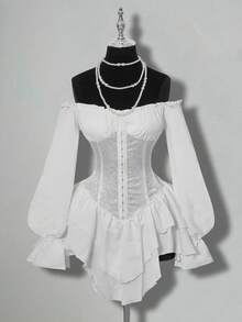 SHEIN ICON 女士露肩长袖花卉提花连衣裙，荷叶边下摆和腰部拼接设计 - 白色 - 查看 3